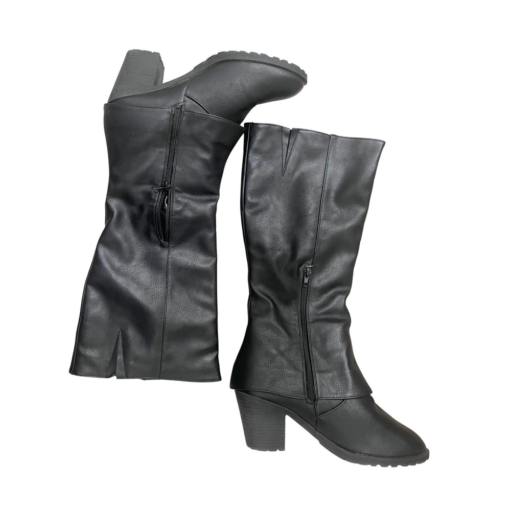 MUK LUKS Women Riding Boots Sz 10 Black Faux Fur Lined Zip Knee High Block Heel